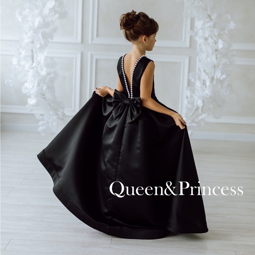 Black Satin Pearls Flower Girl Dress